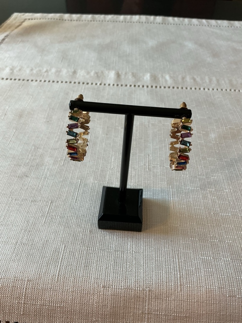 Multicolored Rhinestone “C” Shaped Gold Tone Hoop Earrings